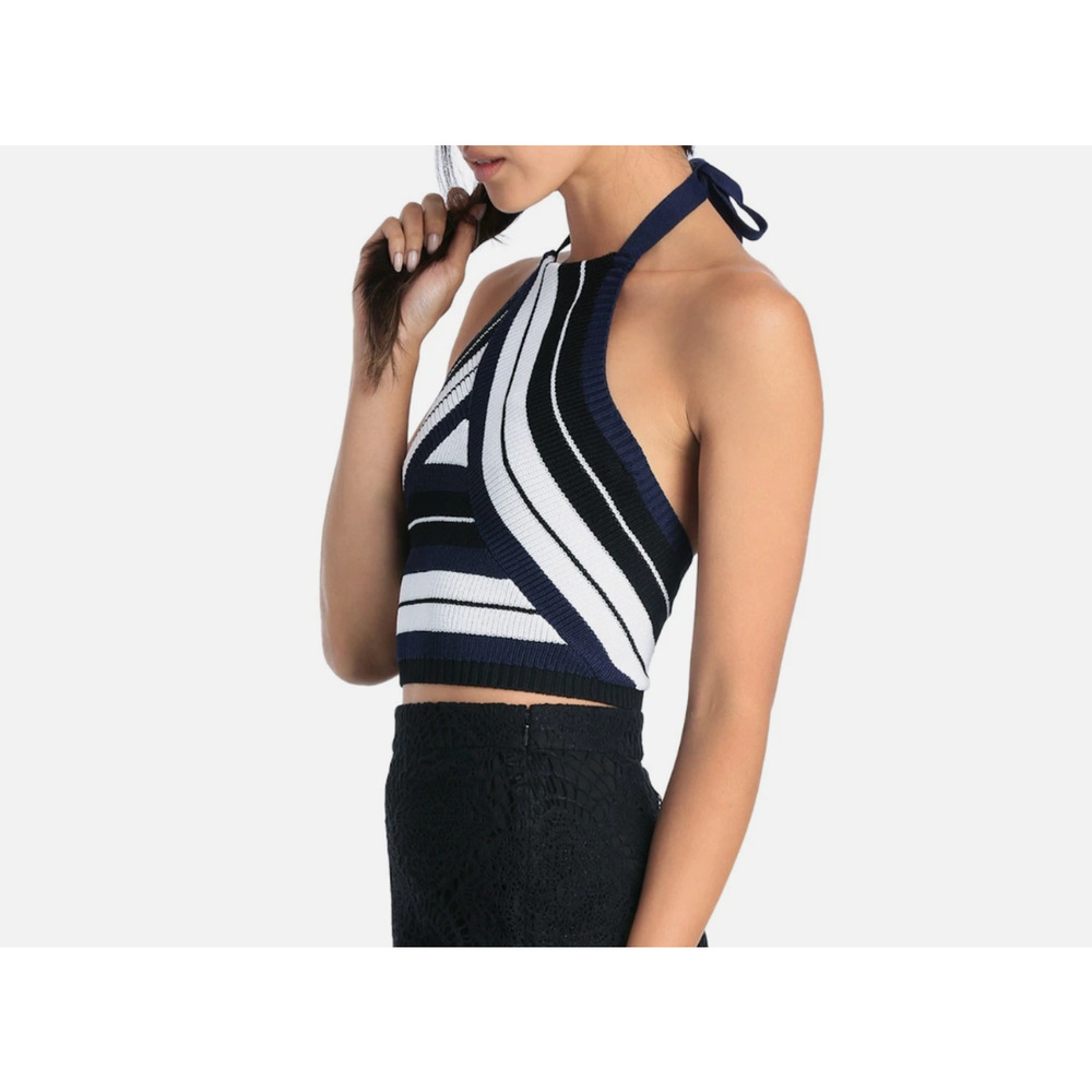 Bardot Womens Navy Blue Striped Knit Halter Crop Top Crossover Tie Back M